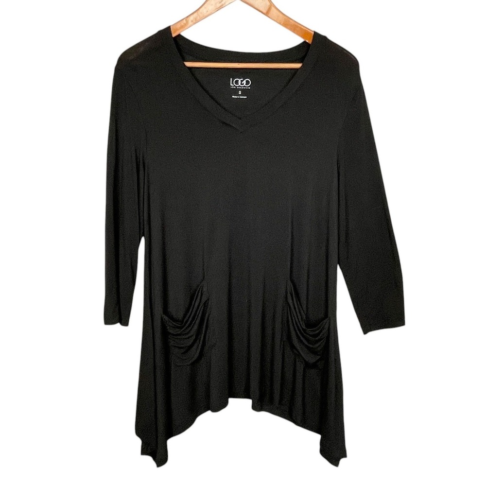LOGO Lori Goldstein Black Asymmetric Tunic Top Women S Stretch Pockets Lagenlook
